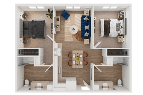 Floor plan for 2 beds, 2 baths, 843 sqft